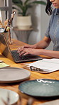 Hands, woman and laptop at startup for pottery, confirm booking and statement for update pricing. Potter, typing and clipboard in office with pc, availability and material invoice for online purchase