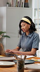 Woman, owner and laptop at startup for pottery, confirm booking and invoice for update pricing. Potter, reading or clipboard in workplace with tech, availability and material cost for online purchase