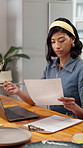 Woman, document and laptop in workshop for pottery, confirm booking and invoice for update pricing. Potter, reading and clipboard in office with pc, availability and material cost for online purchase
