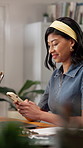 Smile, woman and potter at startup with phone, confirm booking and update pricing for pottery class. Happy, person and reading in office with mobile, availability and online inquiry for course cost