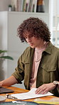 Man, potter and clipboard in workshop for pottery, confirm booking and invoice for update pricing. Person, review or document in office with laptop, availability and material cost for online purchase