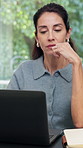 Laptop, typing and woman in company for thinking, reading guest list or event management review. Computer, mature person or coordinator in workplace for problem solving, venue budget or planning