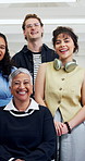 College students, face and laughing with friends, education and bonding with lecturer in classroom. Happy, portrait and people with professor, knowledge and scholarship for studies in university