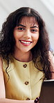 Creative, laptop and face of woman in office for about us, pride and smile for fashion brand. Portrait, happy and person with confidence for opportunity, internship or campaign for designer clothes