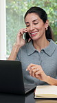 Remote work, phone call and happy woman with laptop in home, publishing and discussion with contact. Creative, freelancer and mature person with mobile, online and chat for ebook publication in house