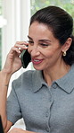 Freelance, phone call and happy woman with laptop in home, publishing or communication with contact. Creative, remote work and mature person with mobile, smile and chat for ebook publication in house