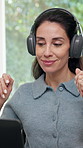 Headphones, laptop or woman with video call, remote work or funding guidance in home office. WFH, digital or mature finance advisor with tech, investment inquiry or client feedback in online meeting.
