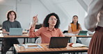Hand, question and lecturer with students in classroom, education or explaining assignment to group. Professor, talking and people with laptop, knowledge and advice for academic growth in university