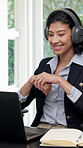 Headphones, laptop or happy woman with video call, remote work or funding guidance in home office. WFH, digital or finance advisor with tech, investment inquiry or client feedback in online meeting.