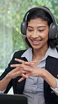 Headphones, laptop or woman in home office with video call, feedback or funding advice with WFH. Remote work, happy or finance advisor with tech, investment inquiry or discussion in online meeting.