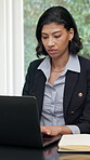 Laptop, typing or woman at work for enterprise fraud investigation, compliance or transaction check. Computer, consultant and person with finance regulation, review or anti money laundering in office