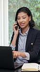 Freelance, phone call and businesswoman with laptop in home office, discussion and labor law update. Remote work, communication and happy person with mobile, HR and explain company policy in house