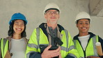 People, engineers or team at construction site with smile, tablet or radio checklist for cooperation. Happy workers, face and collaboration in building with electrician, architecture staff or laugh