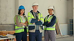 People, engineers and team at construction site with confidence, about us and laugh for cooperation. Happy workers, face and collaboration in building with electrician, architecture and arms crossed