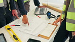 Architect, people and hands with blueprint for construction planning, security or safety together. Team, contractor or pointing with floor layout for architecture design or building strategy on site