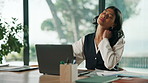 Laptop, neck pain and business woman in office with fatigue, burnout or accountant with bad posture. Computer, tired person and employee with injury, muscle tension or typing with financial stress