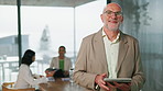 Smile, tablet and business man in meeting as financial executive, experience and scroll report. Face, mature person and investment manager with tech at office for private equity, leadership and happy