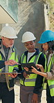 Engineer, outdoor and team with tablet, construction and plan for renovation project with clipboard. Civil engineering, inspection and people with paperwork, point and ideas for property development