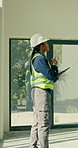 Engineer, inspection and woman with tablet on construction site, walk and renovation with research. Civil engineering, decision and person with tech, safety check and property development in building