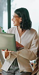 Realtor, woman and meeting with laptop for property development, report or proposal in office. Business people, smile and broker with tech for valuation, chat and planning at real estate agency
