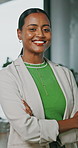 Pride, real estate and face of woman with arms crossed, confidence and office for housing agency. Professional, realtor and portrait of happy person for property management, consultant and about us