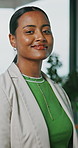 Office, real estate and face of woman with tablet, confidence and pride for housing agency. Digital tech, realtor and portrait of happy person for property management, consultant and about us