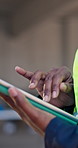 Engineer, scroll and hands with tablet, construction and planning for renovation project on website. Civil engineering, online and person with tech, browsing and research for property development