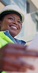 Blueprint, woman and happy with construction inspection, external finishing or building approval. Black person, qa inspector and site layout for civil handover audit, architecture integrity and below