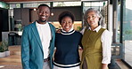 Business people, team building and hug for support with smile, funny and realtors with solidarity. Face, collaboration and happy staff talking for unity, laughing or real estate agents in office