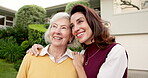 Hug, vision and woman with senior mother in neighborhood for home ownership or property investment. Love, retirement and support with happy family embracing in driveway of new house for relocation