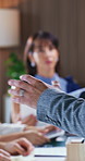 Hand, talk and presentation in office with team, interior design advice or collaboration for project. Manager, people and speaking in business with guidance, tips and workshop for property designer.