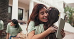 Volunteer, hug and happy woman with gratitude for donation, charity or community service in city. Female person, activity or NGO with smile, love or embrace for thank you, impact or outreach in town
