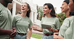 Community service, volunteer and laugh with tablet, outdoor and explain task assignment on website. Charity, team and happy people with tech, social responsibility and conversation with NGO schedule
