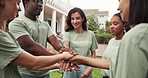 Volunteers, clap and team outdoor with handstack, support and motivation for donation campaign. Happy people, diversity or charity group with applause, encouragement or solidarity for welfare project