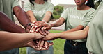 Volunteers, clapping or team outdoor with handstack, support or motivation in donation campaign. Happy people, diversity or charity group with applause, encouragement or solidarity in welfare project