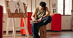 Drawing, artist and canvas with man in workshop for illustration, sketching and creative hobby. Easel, art and character design project with person in studio for concept commission and picture