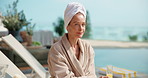 Face, vacation or happy woman with drink in resort for holiday getaway, relaxation or summer break. Portrait, female person or smile with beverage or swimming pool for weekend trip in beauty spa