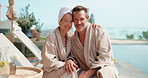 Face, relax and vacation with happy couple in resort by swimming pool for holiday getaway or weekend. Portrait, man and woman with smile for summer break, outdoor travel or honeymoon in beauty spa