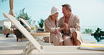 Love, laughing and vacation with happy couple in resort by swimming pool for holiday getaway. Man, woman and holding hands with smile for summer break, outdoor travel or honeymoon in beauty spa