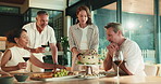 Happy, friends and people with cake for birthday celebration, party and social gathering in home. Applause, cheer and mature men and women with candles, wish and dessert for special day together