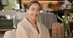 Face, happy and mature woman in spa for beauty treatment, wellness and salon service in luxury resort. Portrait, smile and person with robe for holistic healing, therapy and stress relief at retreat