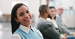 Medical, face or woman in hospital with waiting room, good mood or relaxed patient at clinic checkup. Health, consultation or person with laugh, positive attitude or happy moment in seating area.