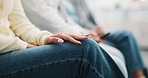 Waiting room, hand and nervous person with interview appointment, job search and hr pressure. Line, candidate recruitment and impatient woman with hiring opportunity, delay or anxiety in office