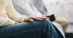Business, hand and nervous person with interview, job search and hr pressure in waiting room. Line, candidate recruitment and impatient woman with hiring opportunity, stress or anxiety in office