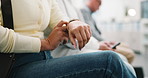 Waiting room, hand and check watch for interview appointment, nervous and time management for hr. Line, candidate recruitment and impatient woman with wristwatch, hiring opportunity delay or anxiety