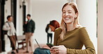Happy woman, student and face with phone on campus, college portal and easy online application. Laughing, person and digital enrollment with smartphone for university admissions or academic app