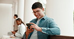 Happy man, student and typing with phone on campus, college portal and easy online application. Education, person and digital enrollment with smartphone for university admissions or academic app