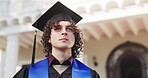 Graduate, man and thinking on campus for achievement, academic success and future mindset. Remember education, reflection and male person with degree, university accomplishment and graduation
