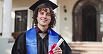 Face, man and student at college for graduation, ceremony and achievement for degree completion. Portrait, male person or graduate outdoor with regalia, accolade certificate and educational milestone