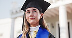 Graduate, woman and thinking on campus for achievement, academic success and smile for future. Remember education, reflection and person with cap for degree, university accomplishment and graduation